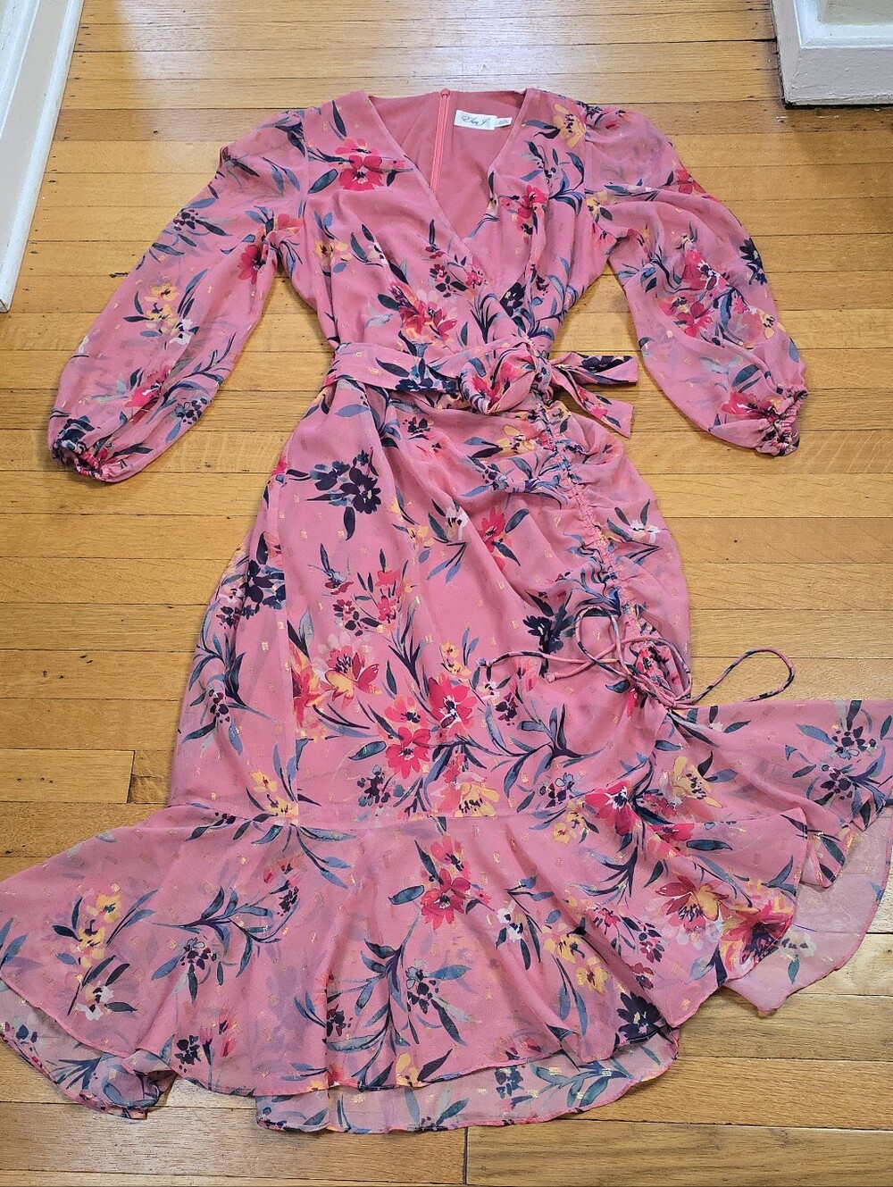 Eliza J, Floral Chiffon Faux Wrap Midi Dress, Rose Pink, EUC, Women's 12